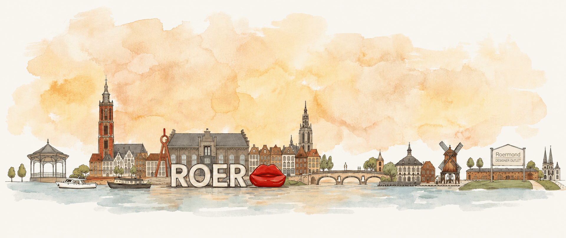 Aquarel-skyline van Roermond, Julie's thuis